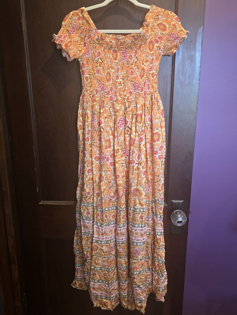 Womens Orange Floral Smocked Maxi Dress